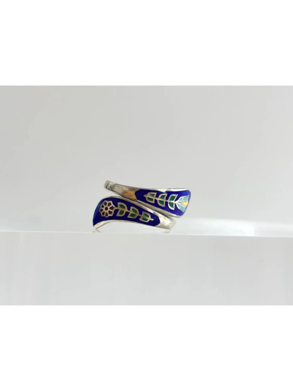 Cloissone Enameled Floral Made Wrap Sterling Silver 925 Vintage Ring - sz 4